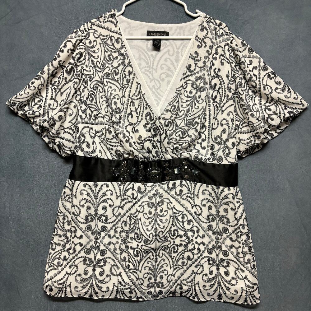 Lane Bryant 18/20 Black White Paisley Blouse Embellished Y2K Plus Size Witchy